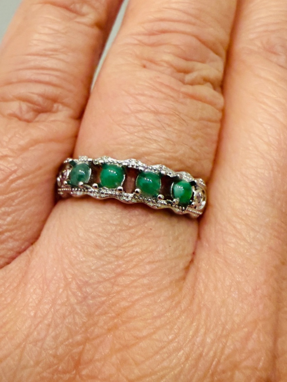 🔥Sale🔥Natural Green Jade Adjustable Ring Silver TonCopper Band Milgrain Filigree